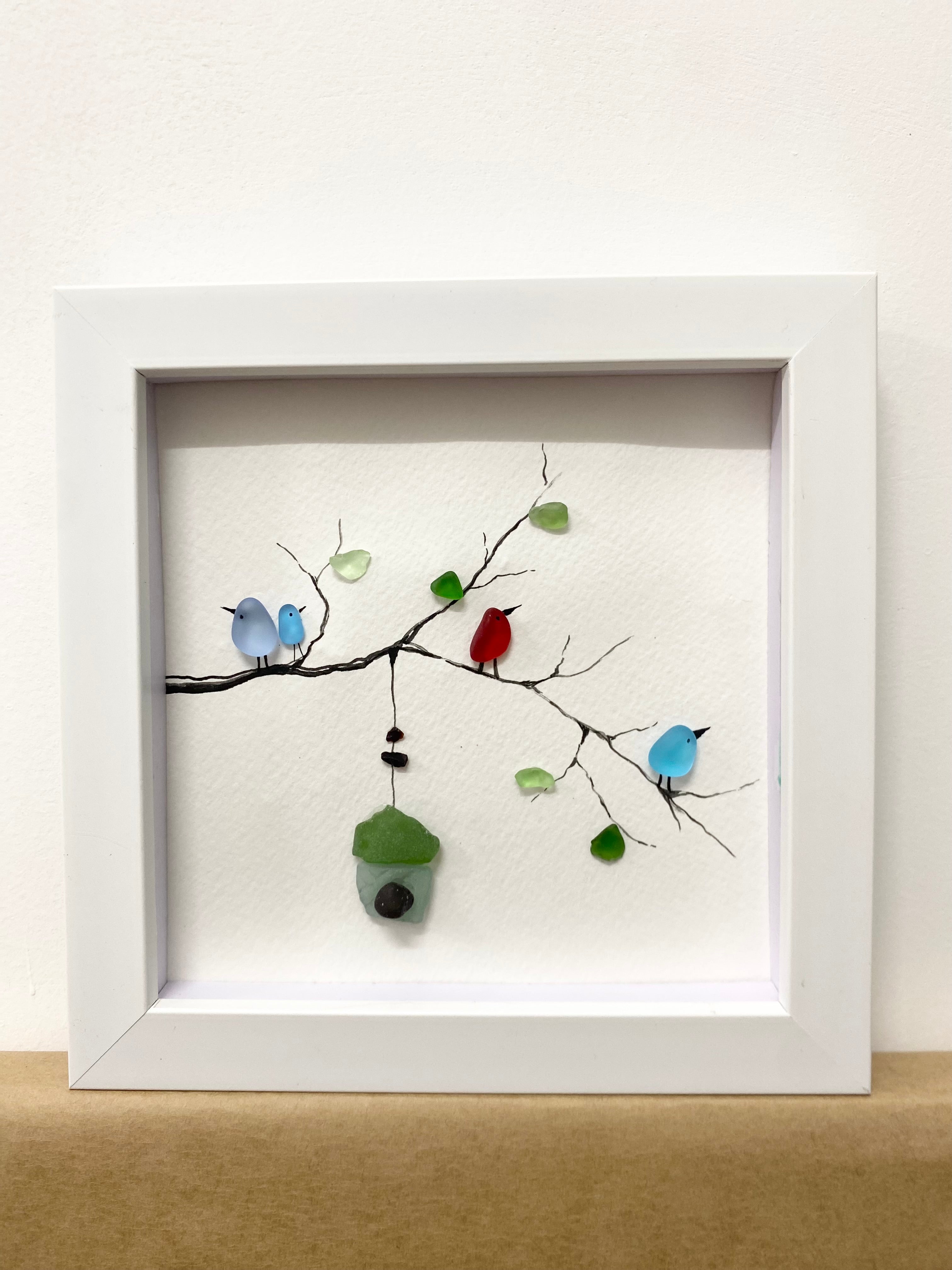 Sea Glass Bird Art -Birds on Branch and Birdhouse