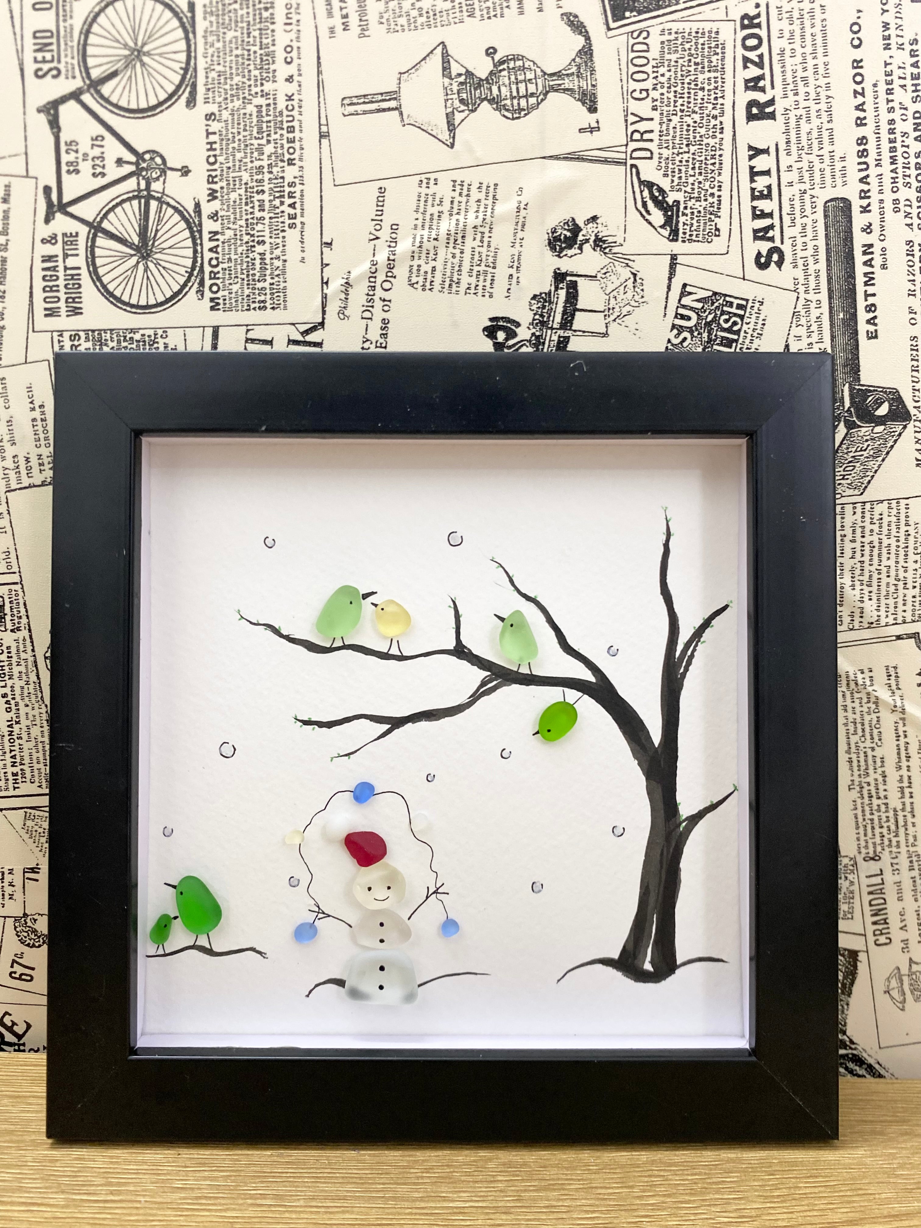 Sea Glass Christmas Art: Snowman and Birds