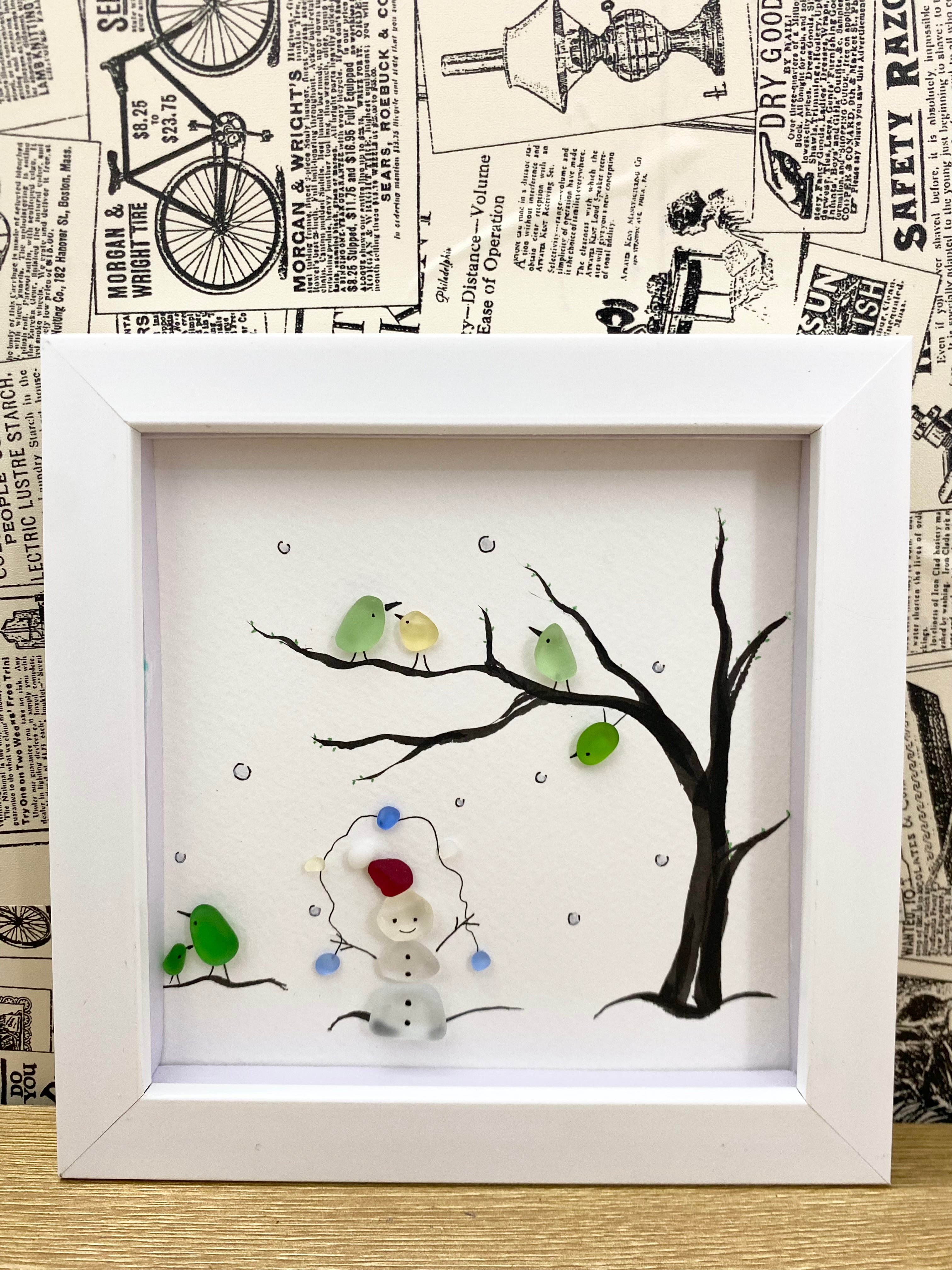 Sea Glass Christmas Art: Snowman and Birds