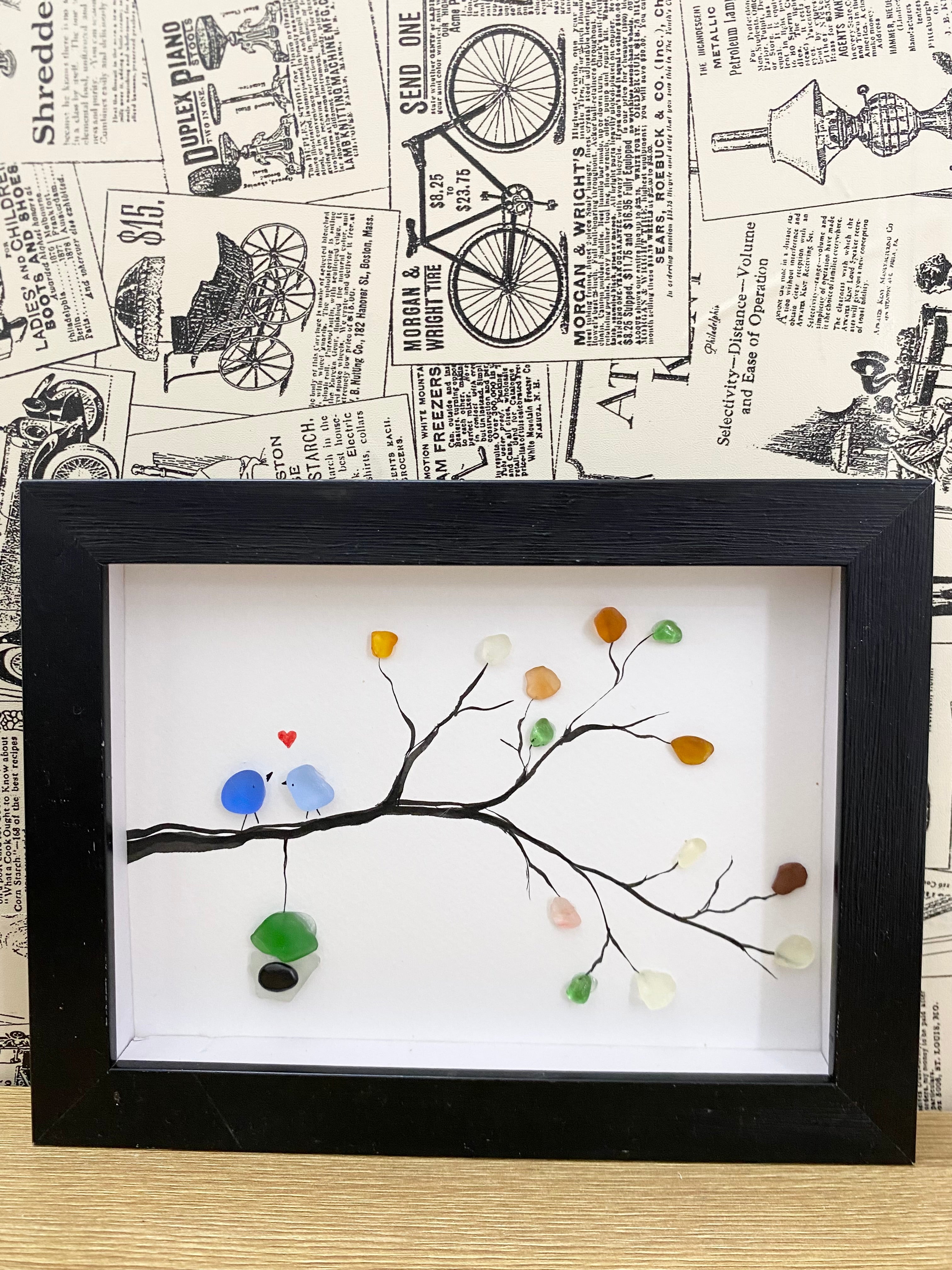 Couple bird sea glass art