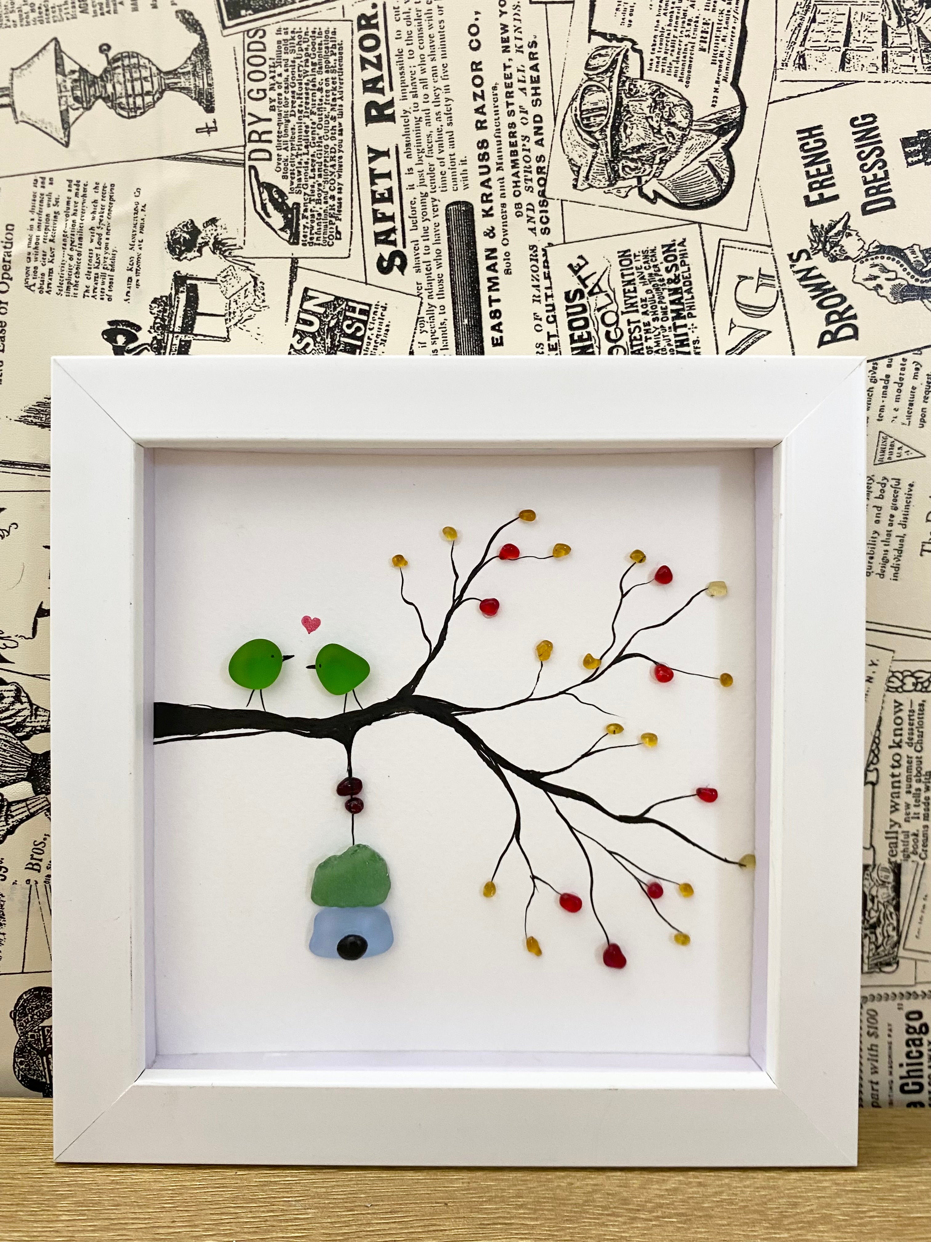 Couple bird sea glass art