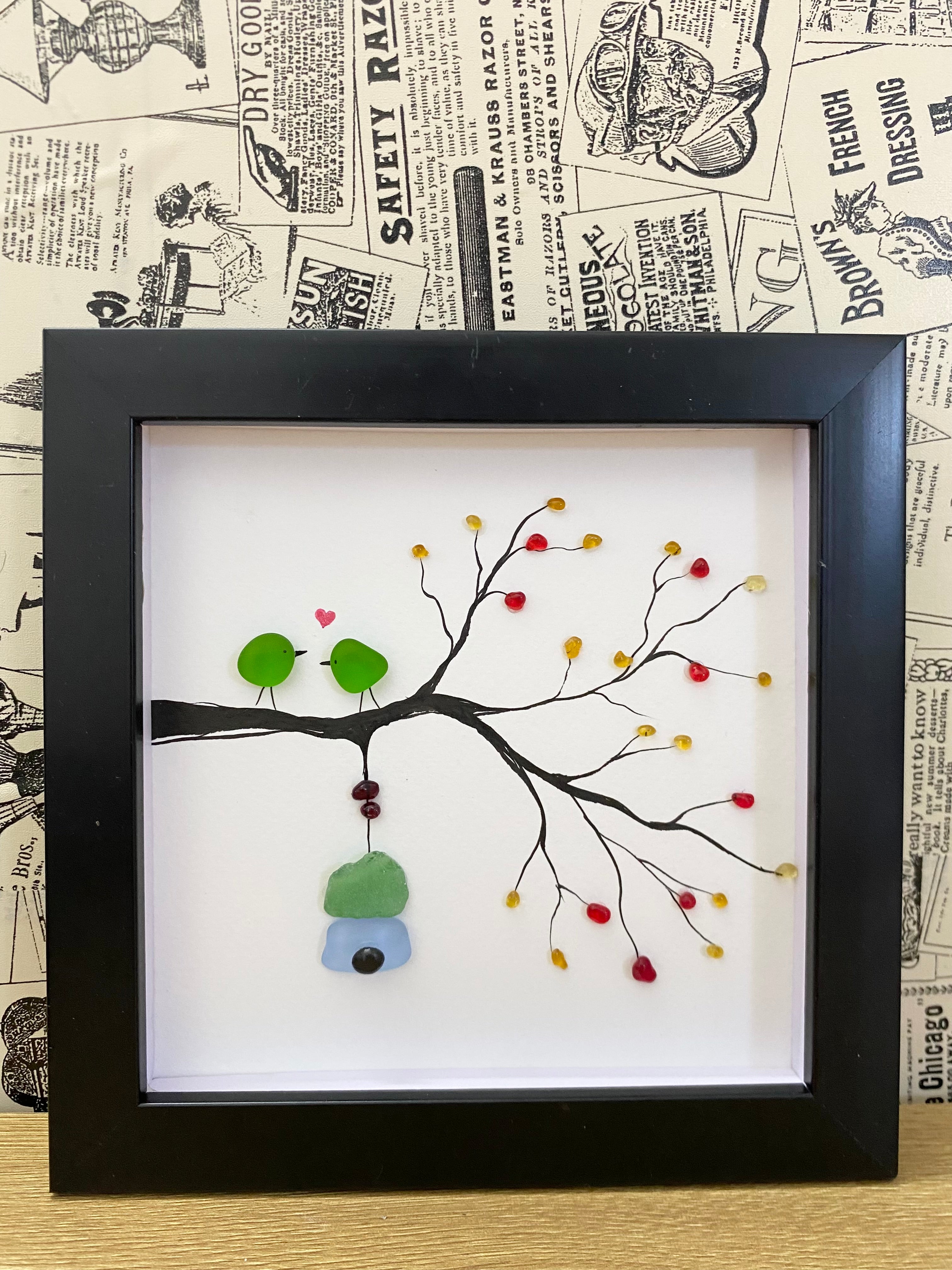 Couple bird sea glass art