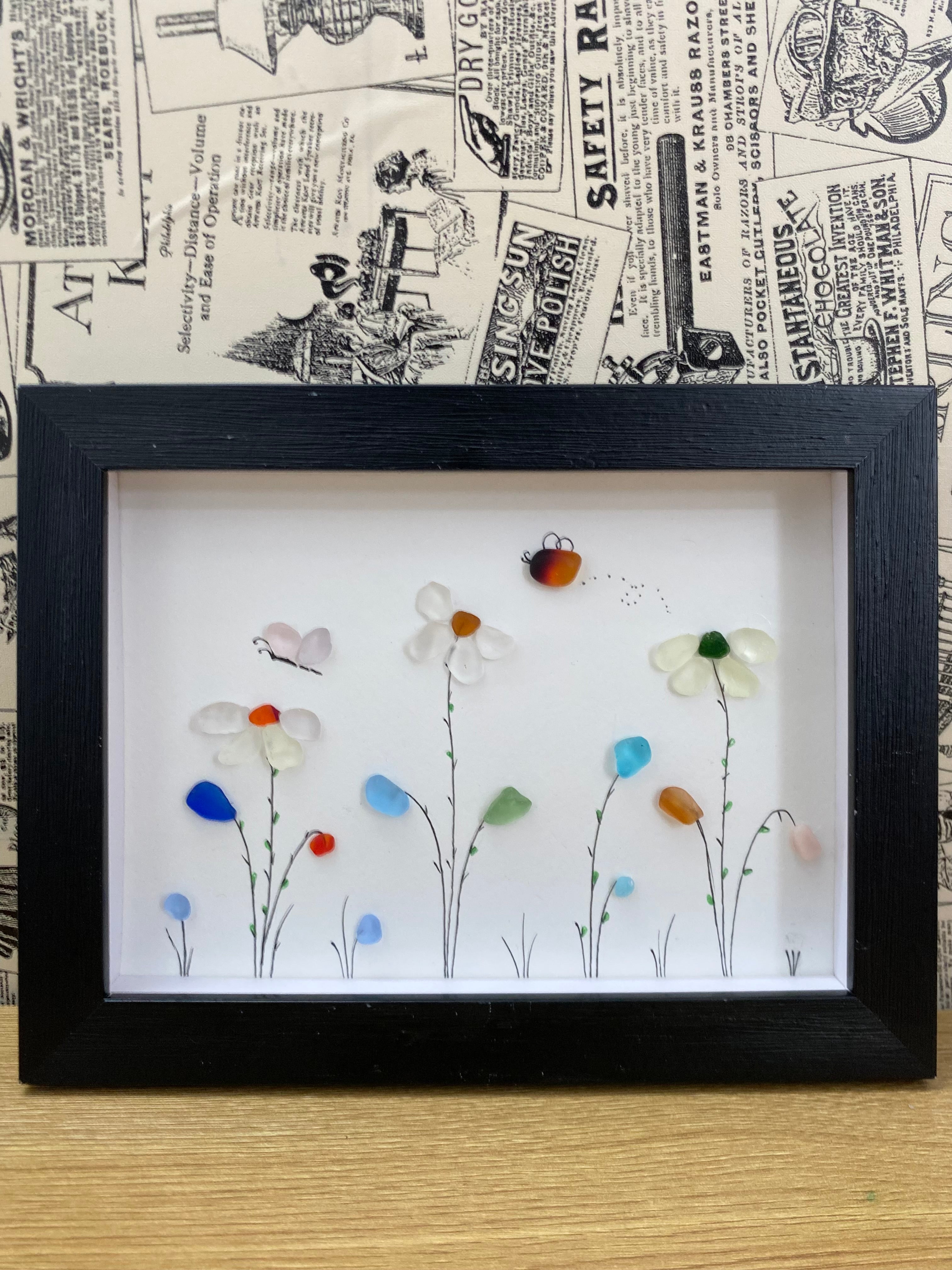 Sea Glass Flower Art : Garden Flower with Butterflies