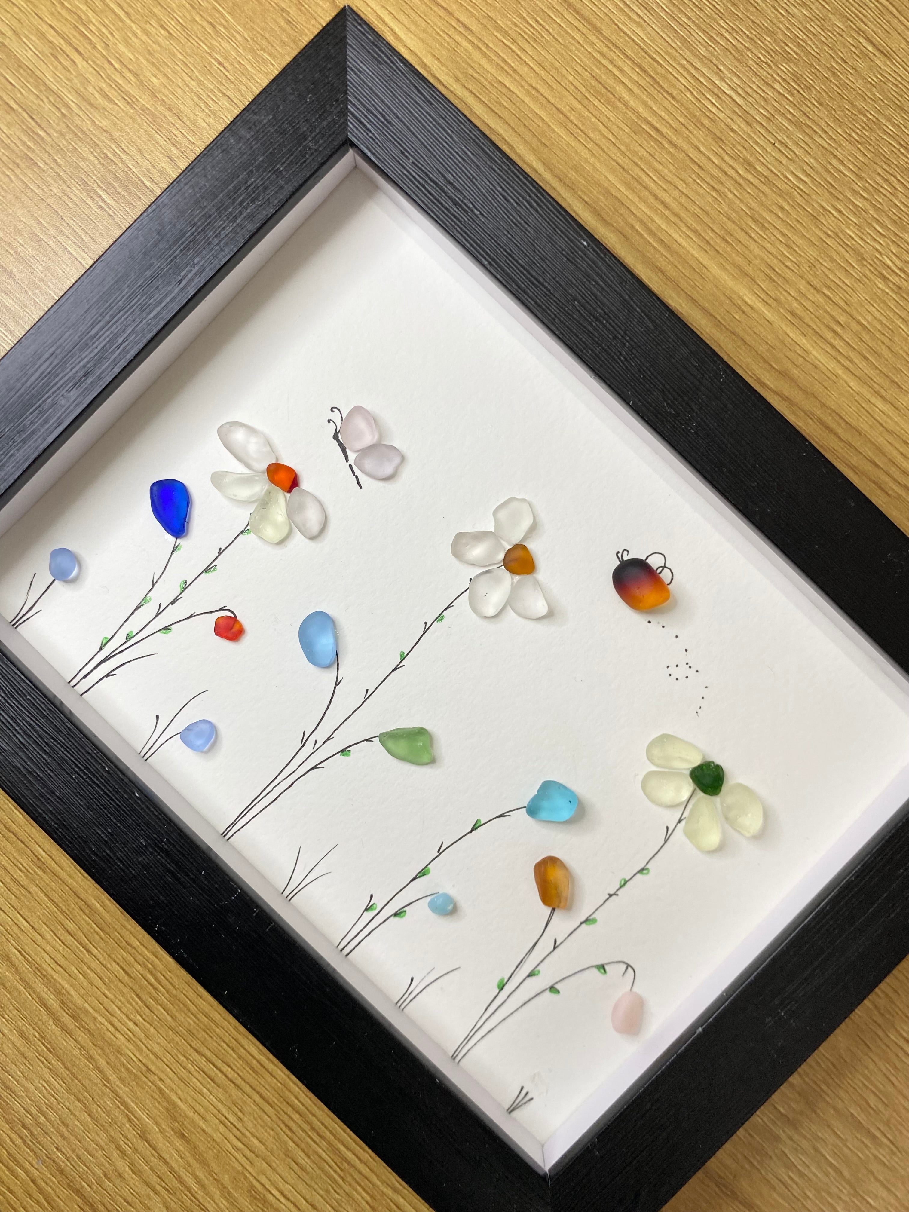 Sea Glass Flower Art : Garden Flower with Butterflies