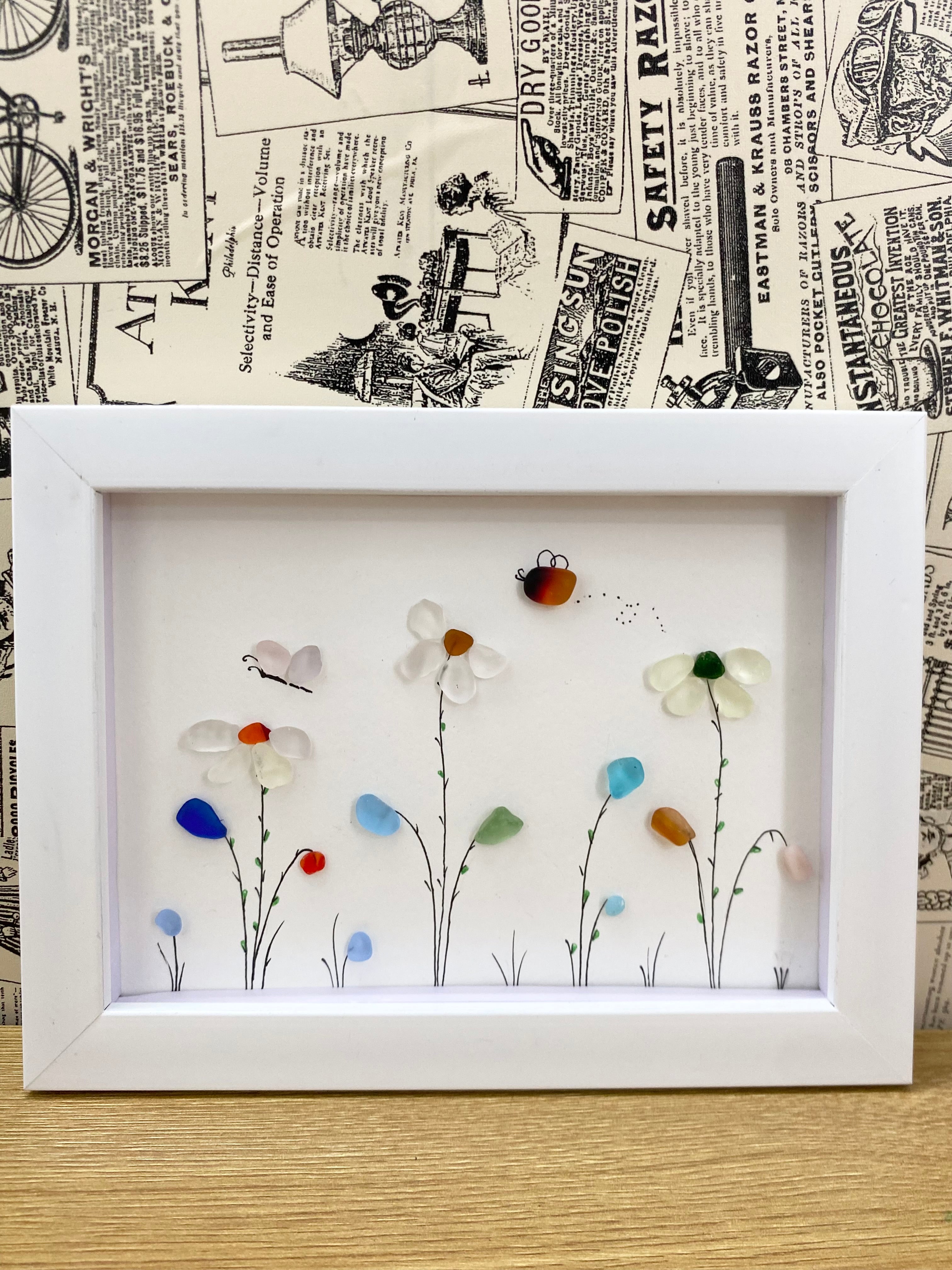 Sea Glass Flower Art : Garden Flower with Butterflies