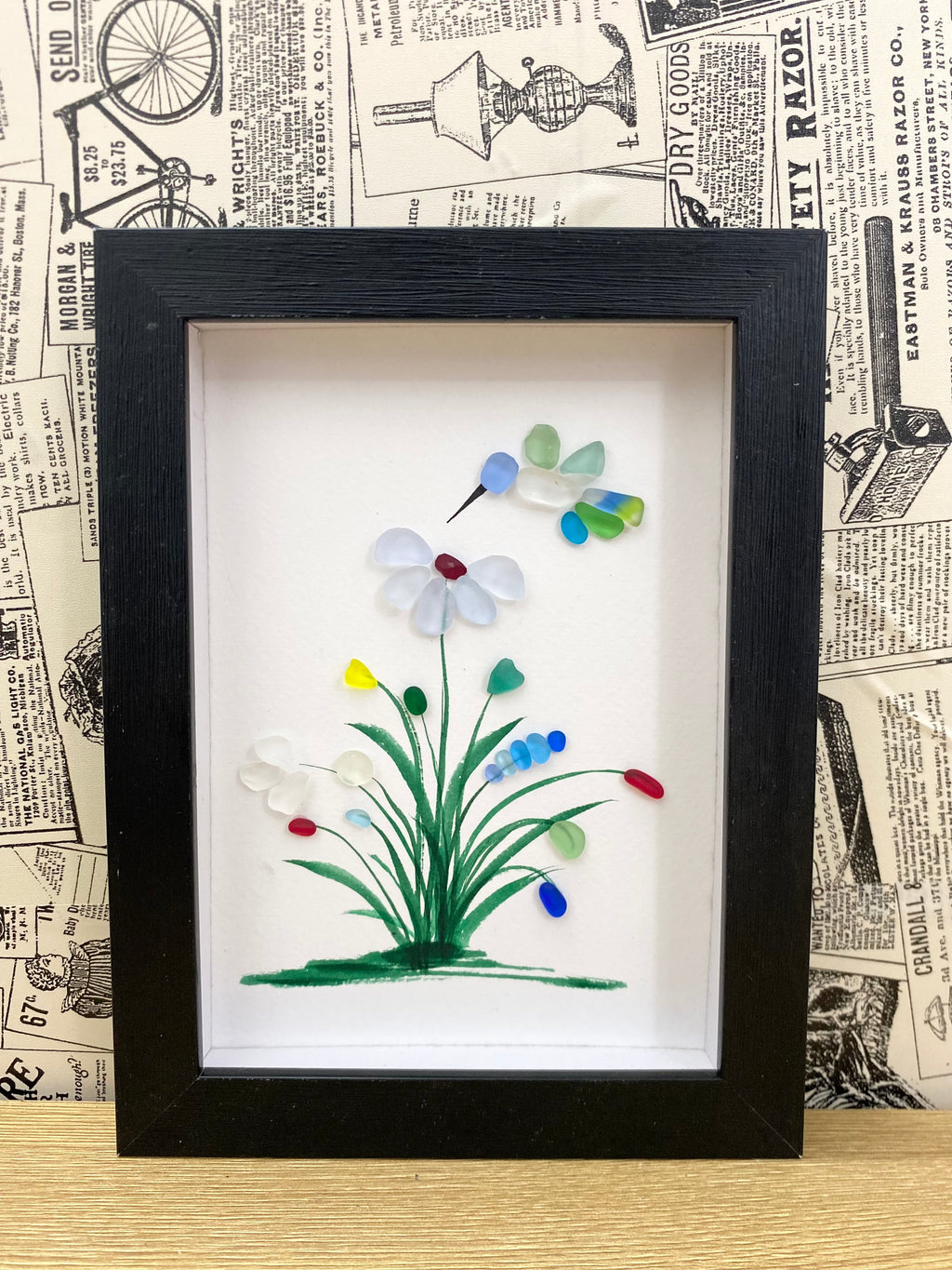 Hummingbird with Blue Flowers Sea Glass Art