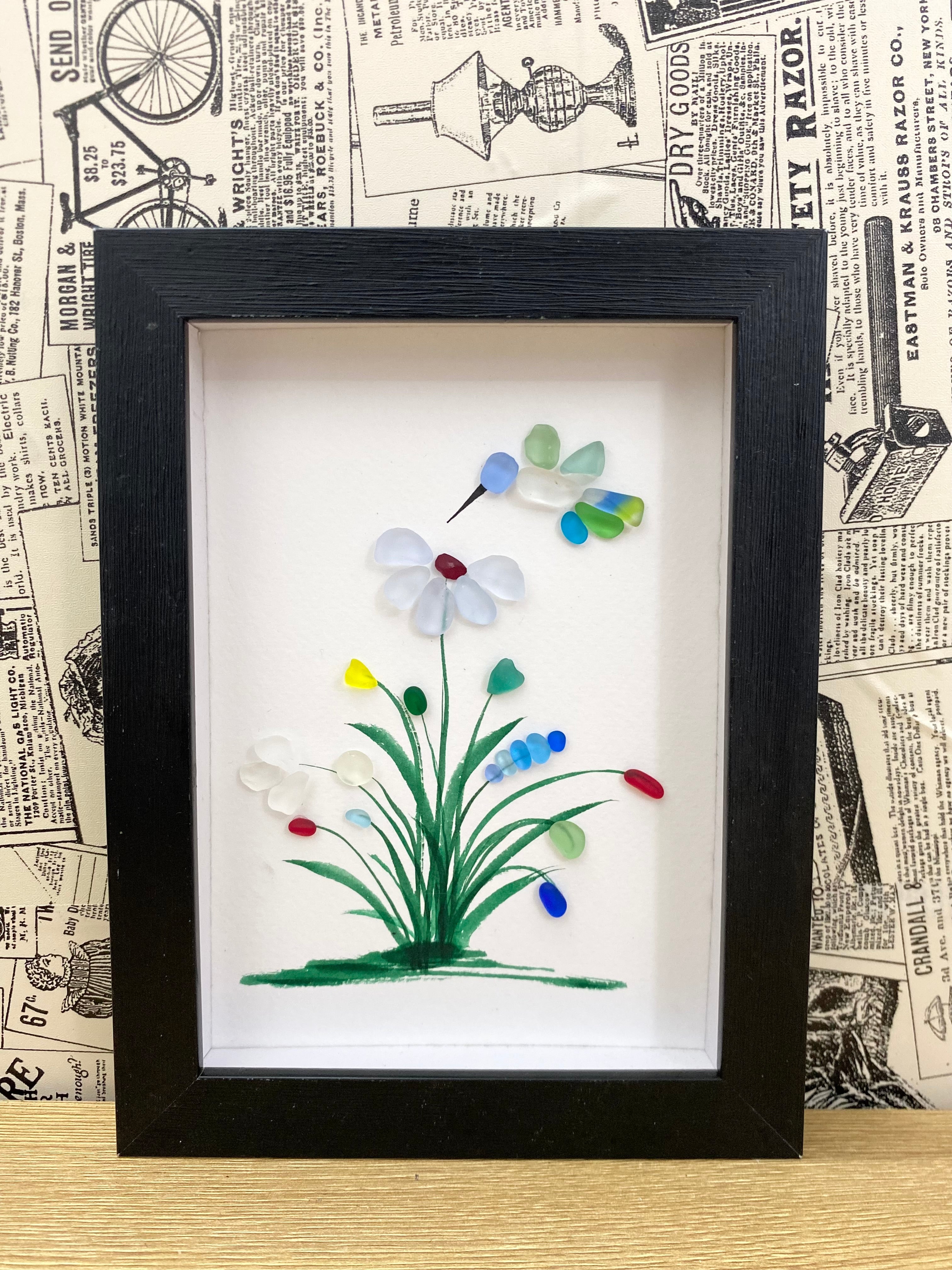 Hummingbird with Blue Flowers Sea Glass Art