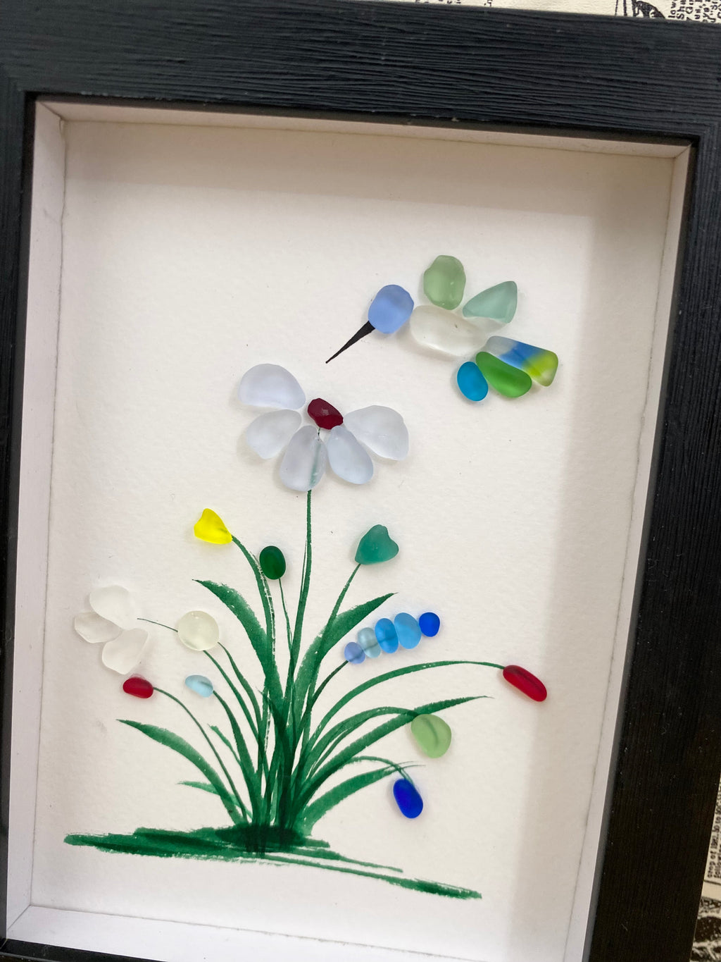Hummingbird with Blue Flowers Sea Glass Art