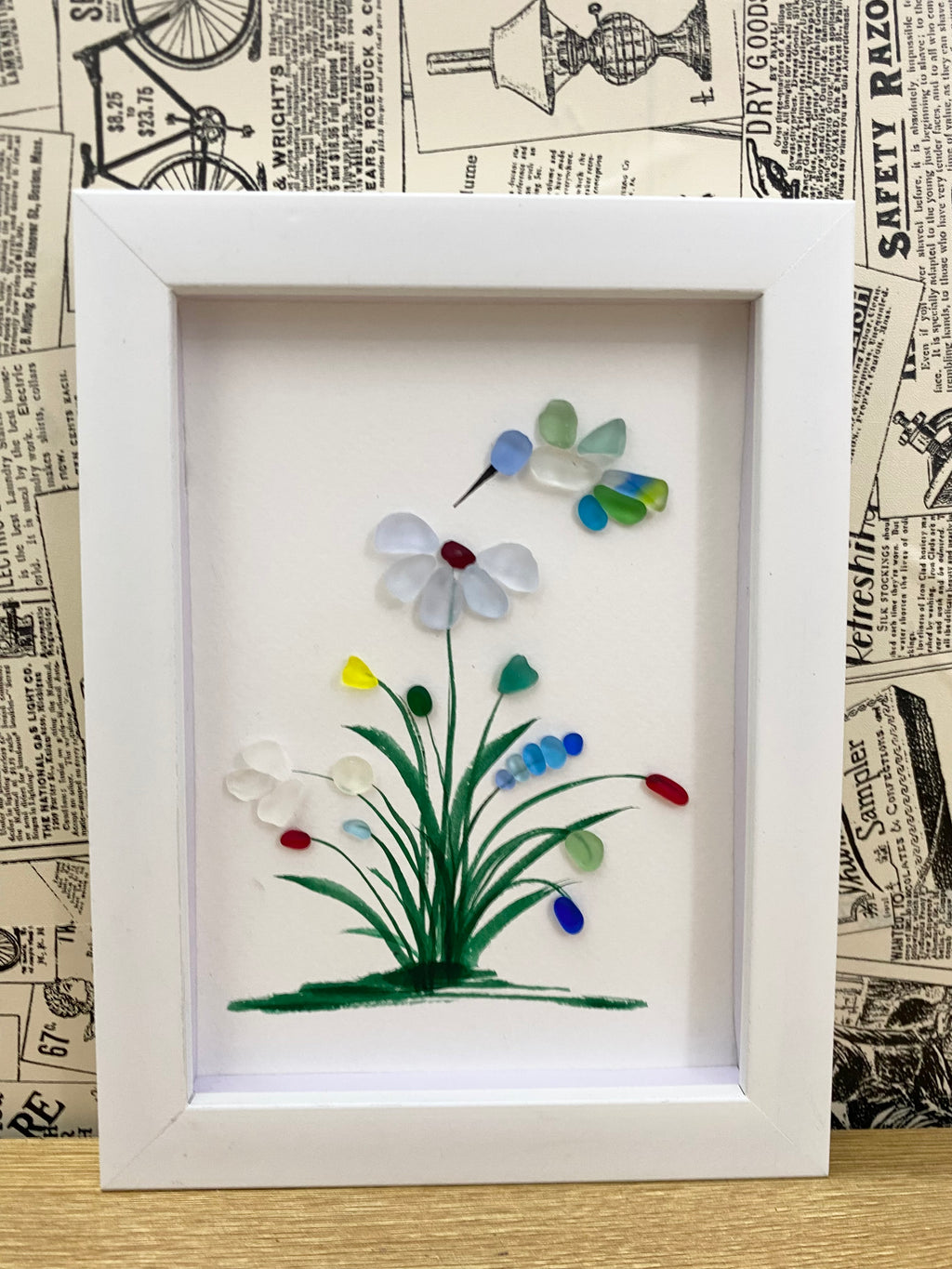 Hummingbird with Blue Flowers Sea Glass Art