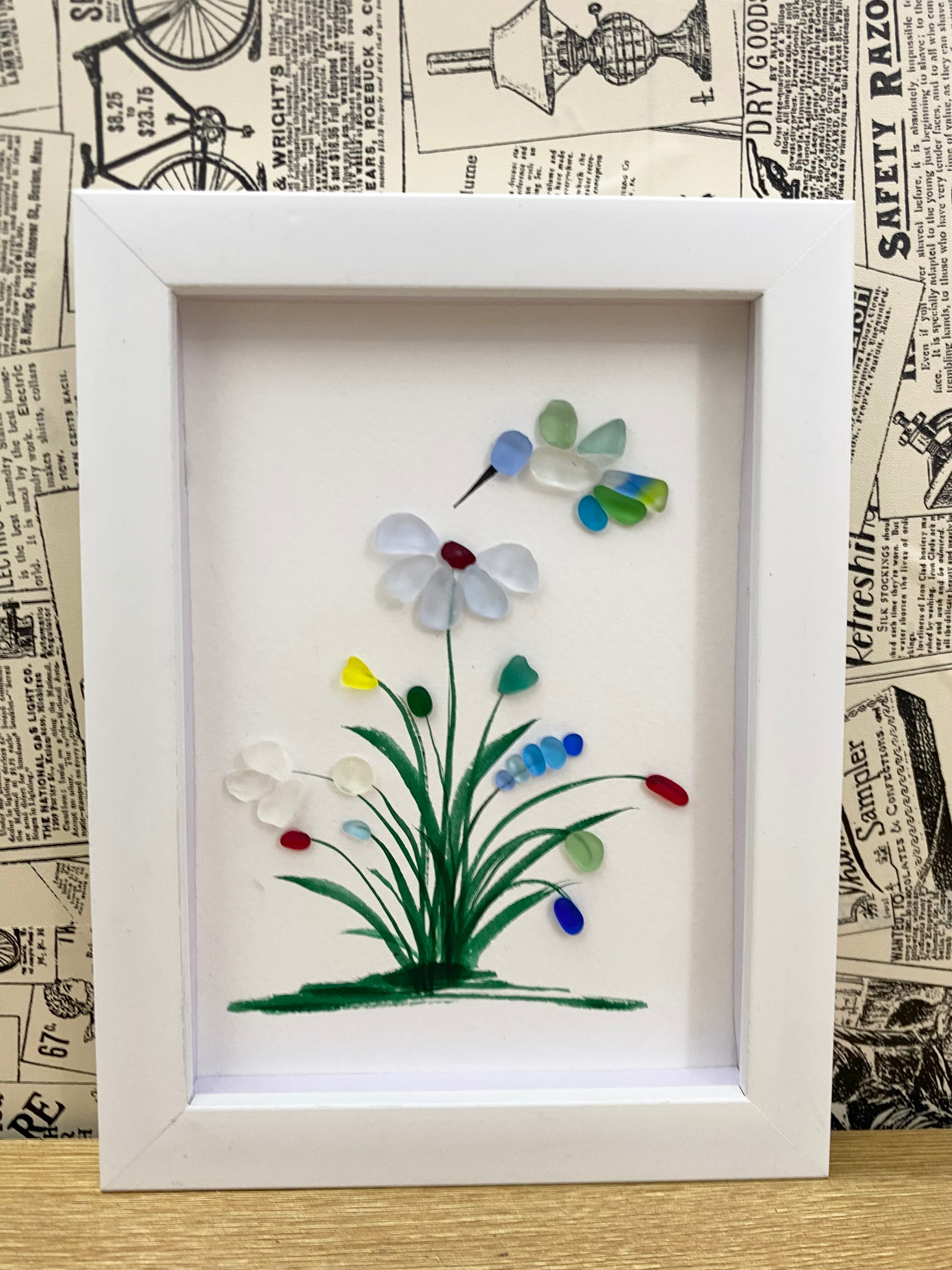 Hummingbird with Blue Flowers Sea Glass Art