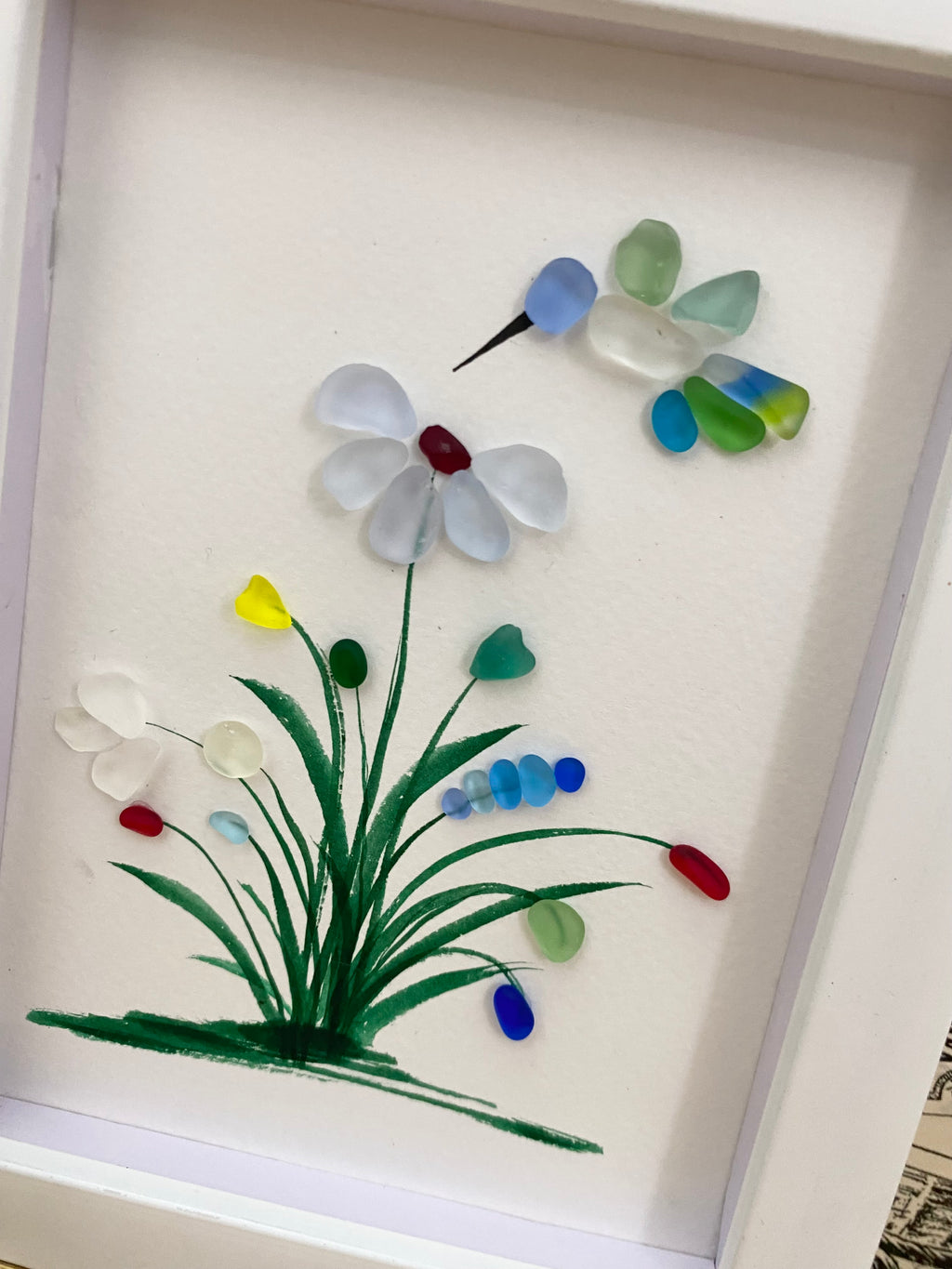 Hummingbird with Blue Flowers Sea Glass Art