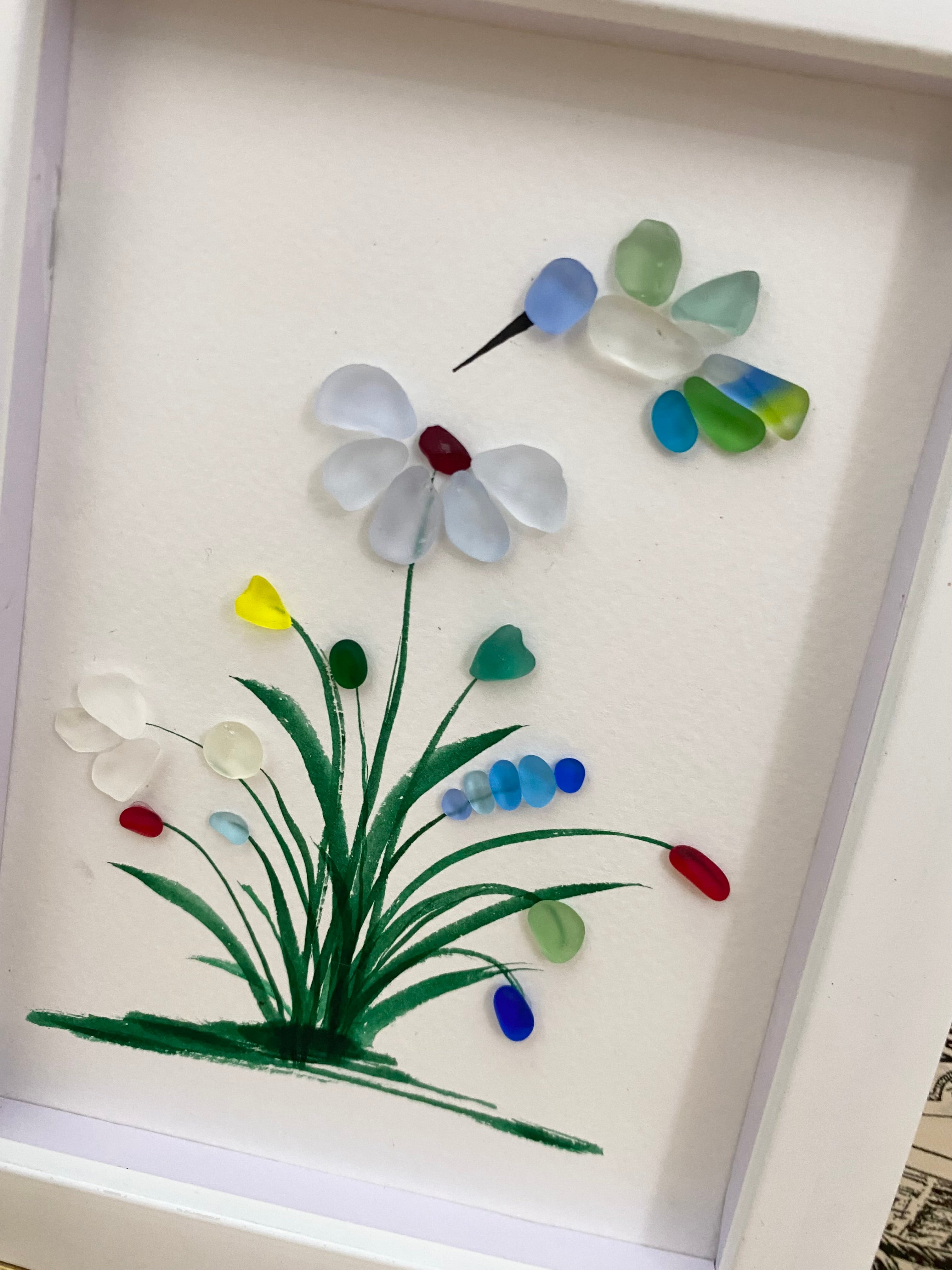 Hummingbird with Blue Flowers Sea Glass Art