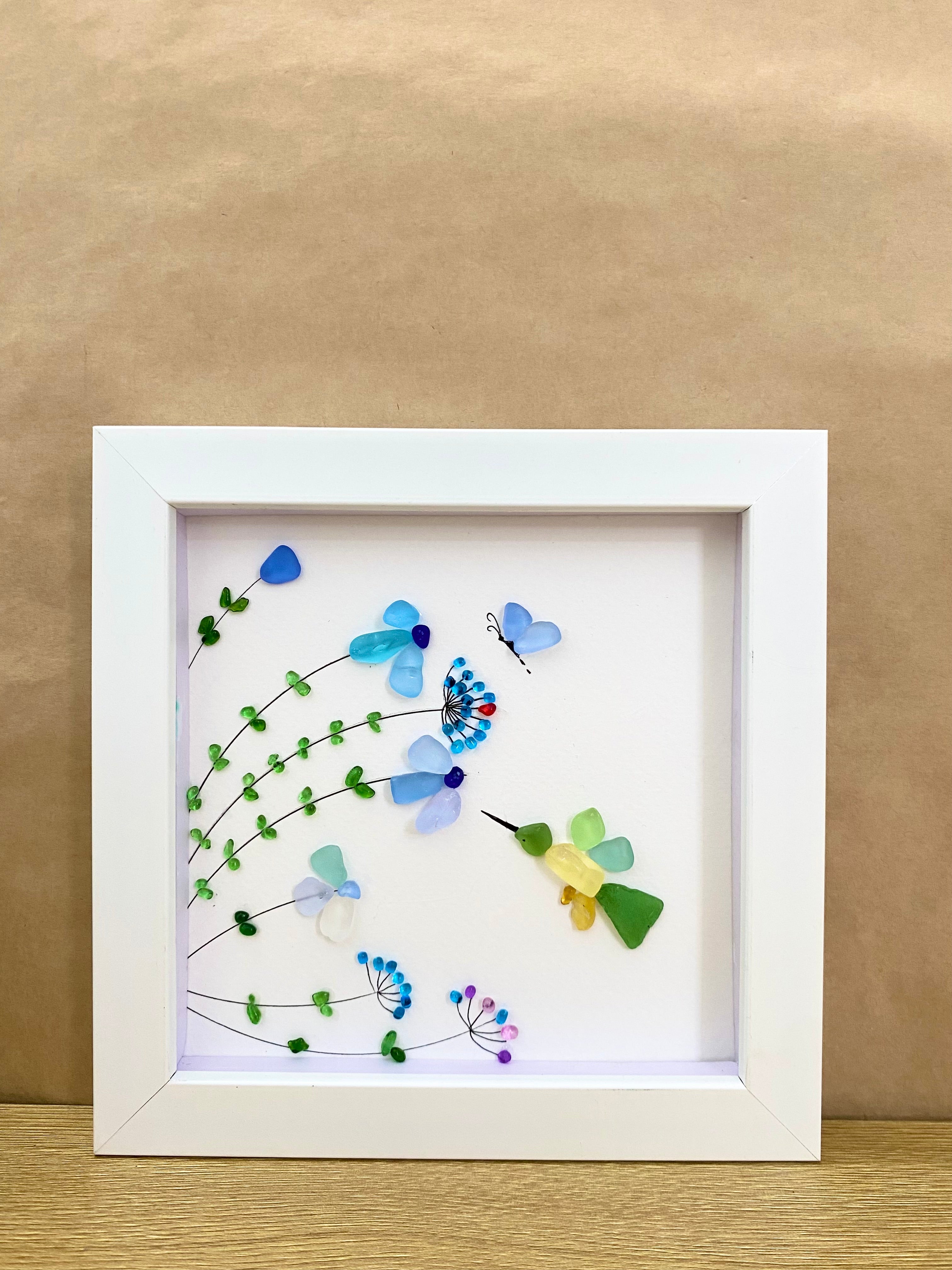 Hummingbird Pebble Art: Sea Glass Coastal Wall Hanging