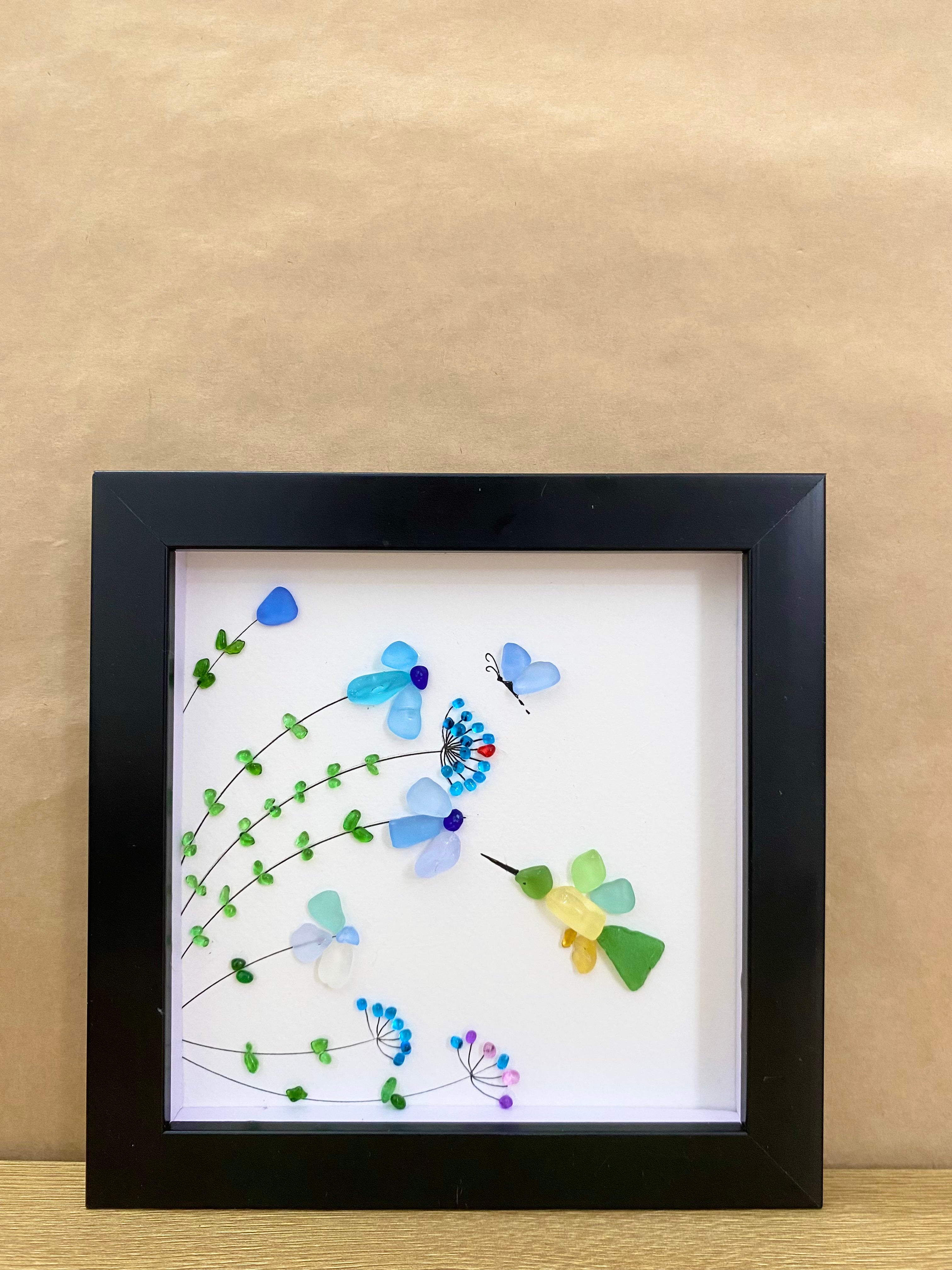 Hummingbird Pebble Art: Sea Glass Coastal Wall Hanging