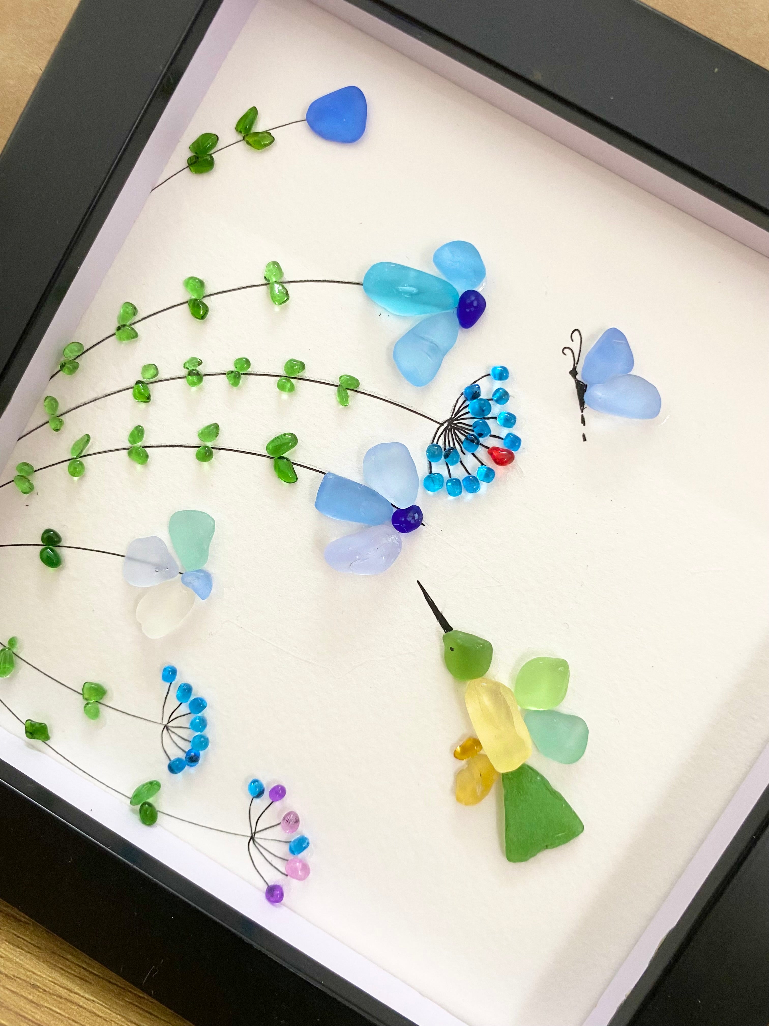 Hummingbird Pebble Art: Sea Glass Coastal Wall Hanging