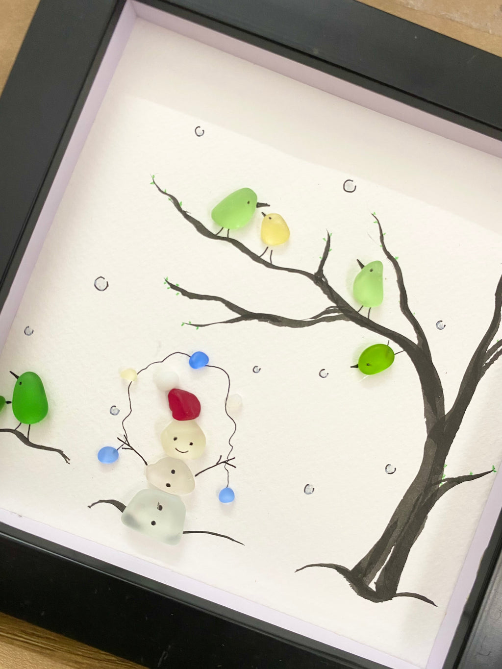 Sea Glass Christmas Art: Snowman and Birds