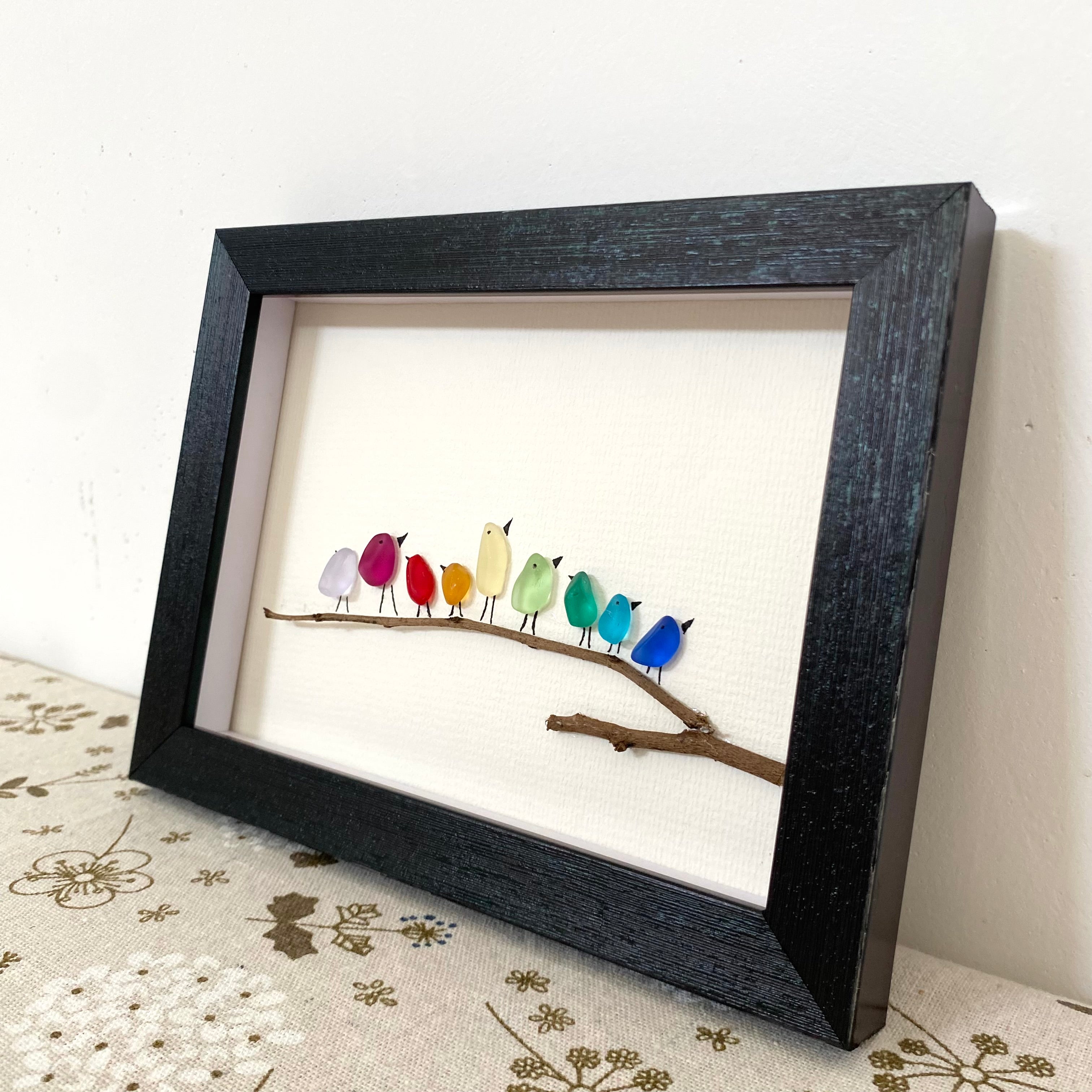 Rainbow bird sea glass art