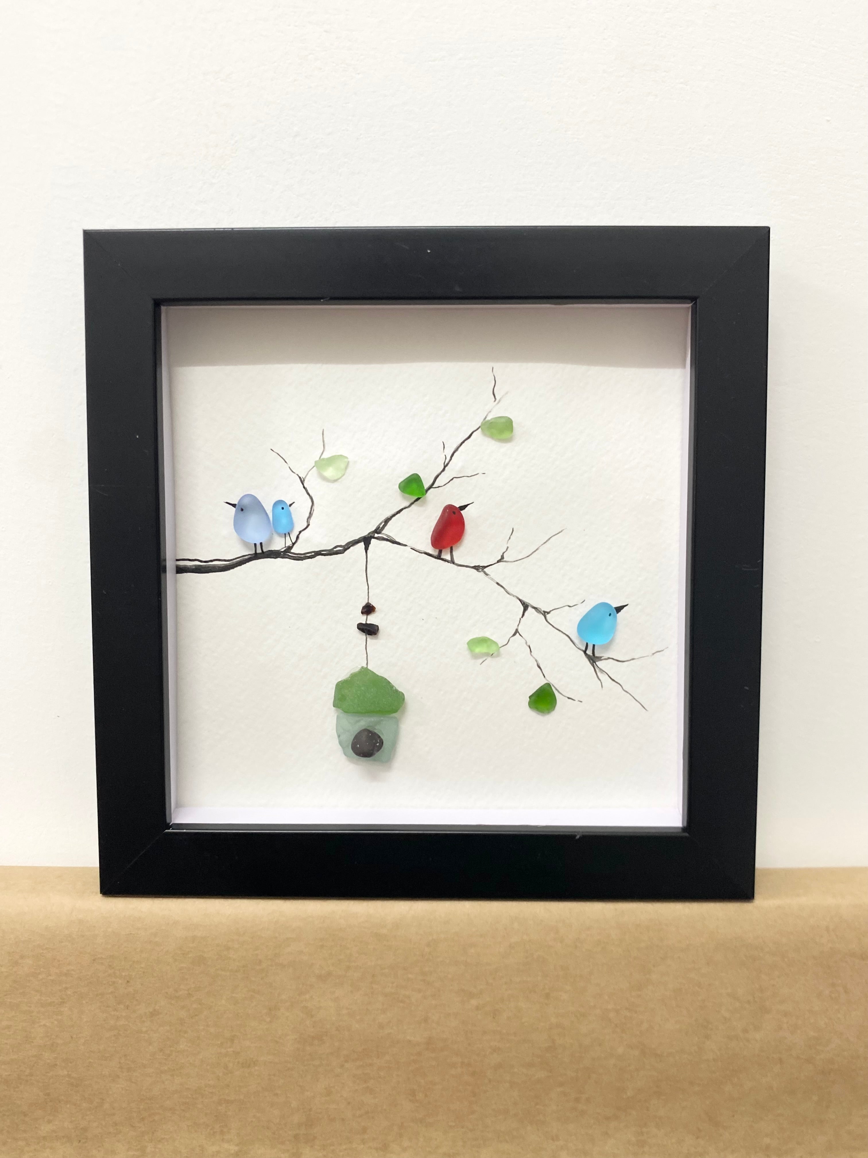 Sea Glass Bird Art -Birds on Branch and Birdhouse