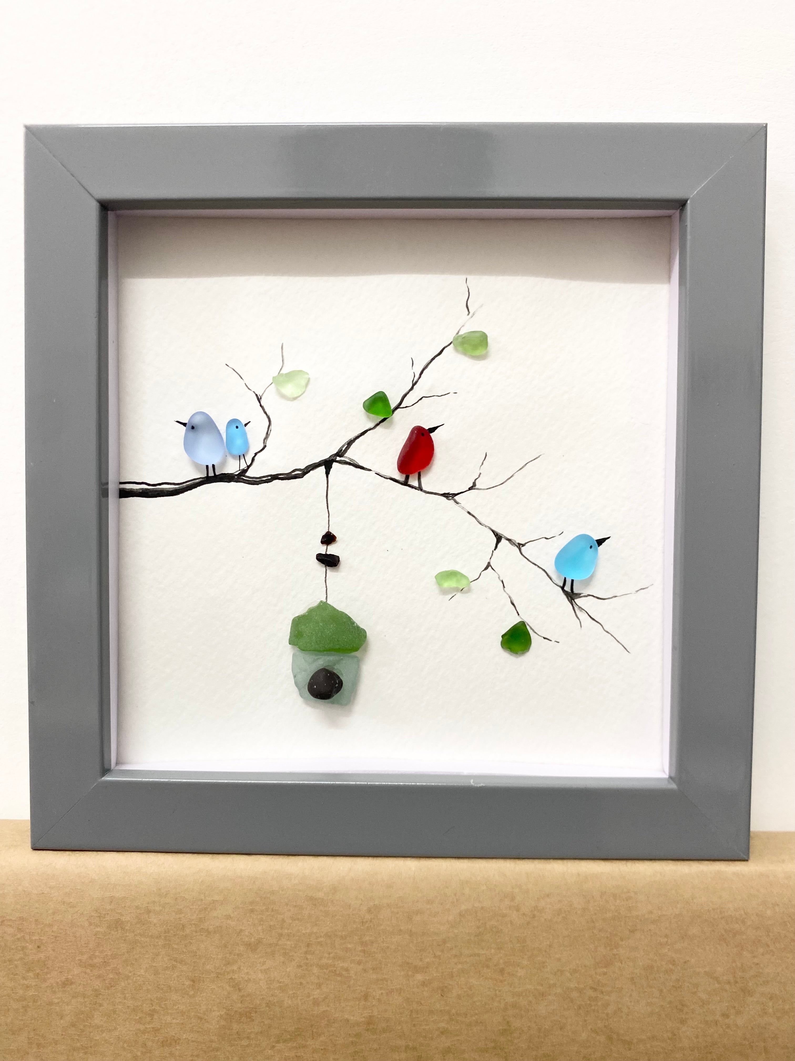 Sea Glass Bird Art -Birds on Branch and Birdhouse