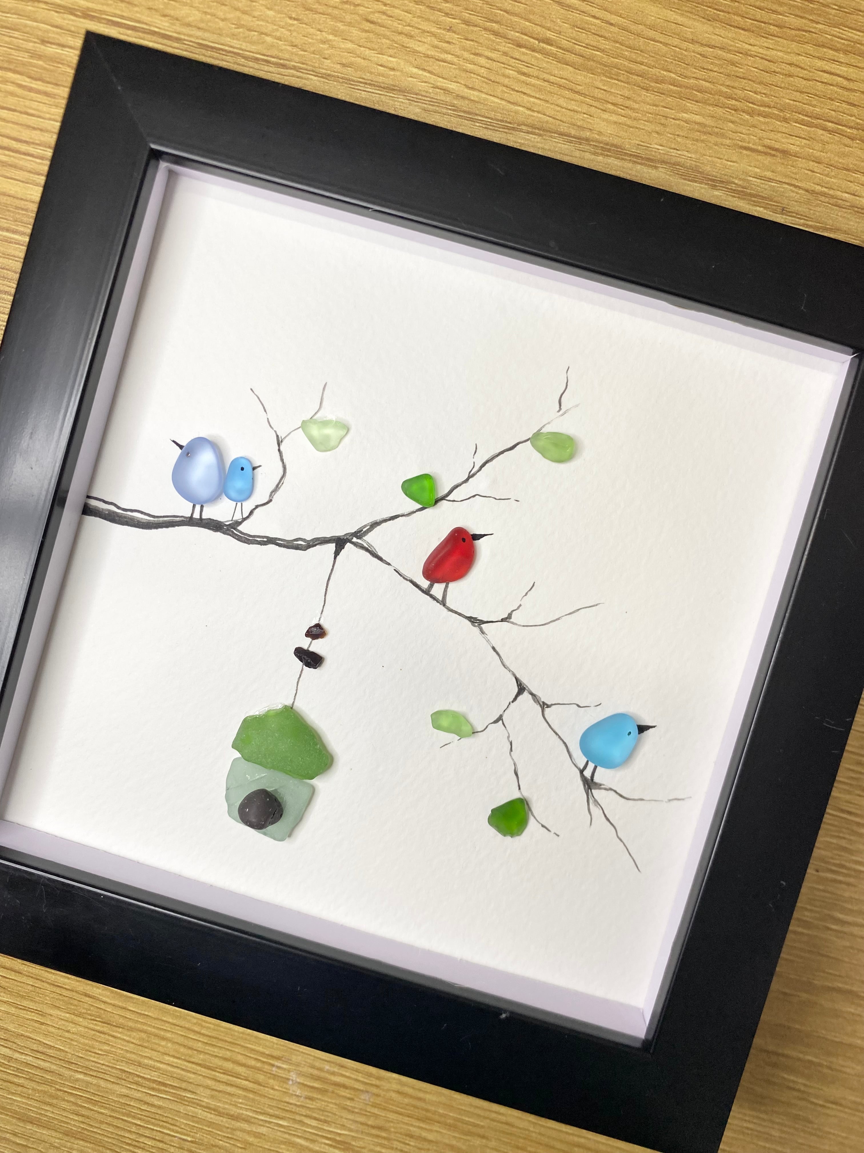 Sea Glass Bird Art -Birds on Branch and Birdhouse