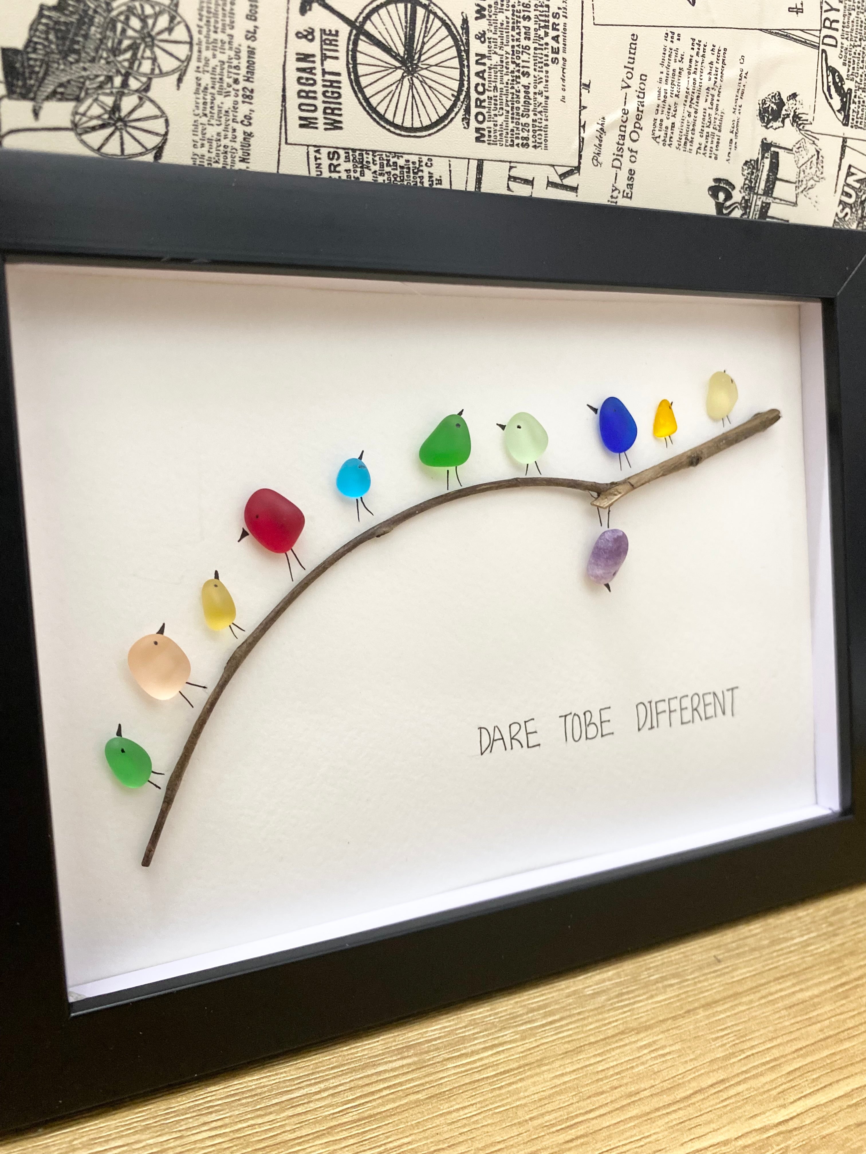 Dear tobe different- Rainbow Bird on a branch sea glass art