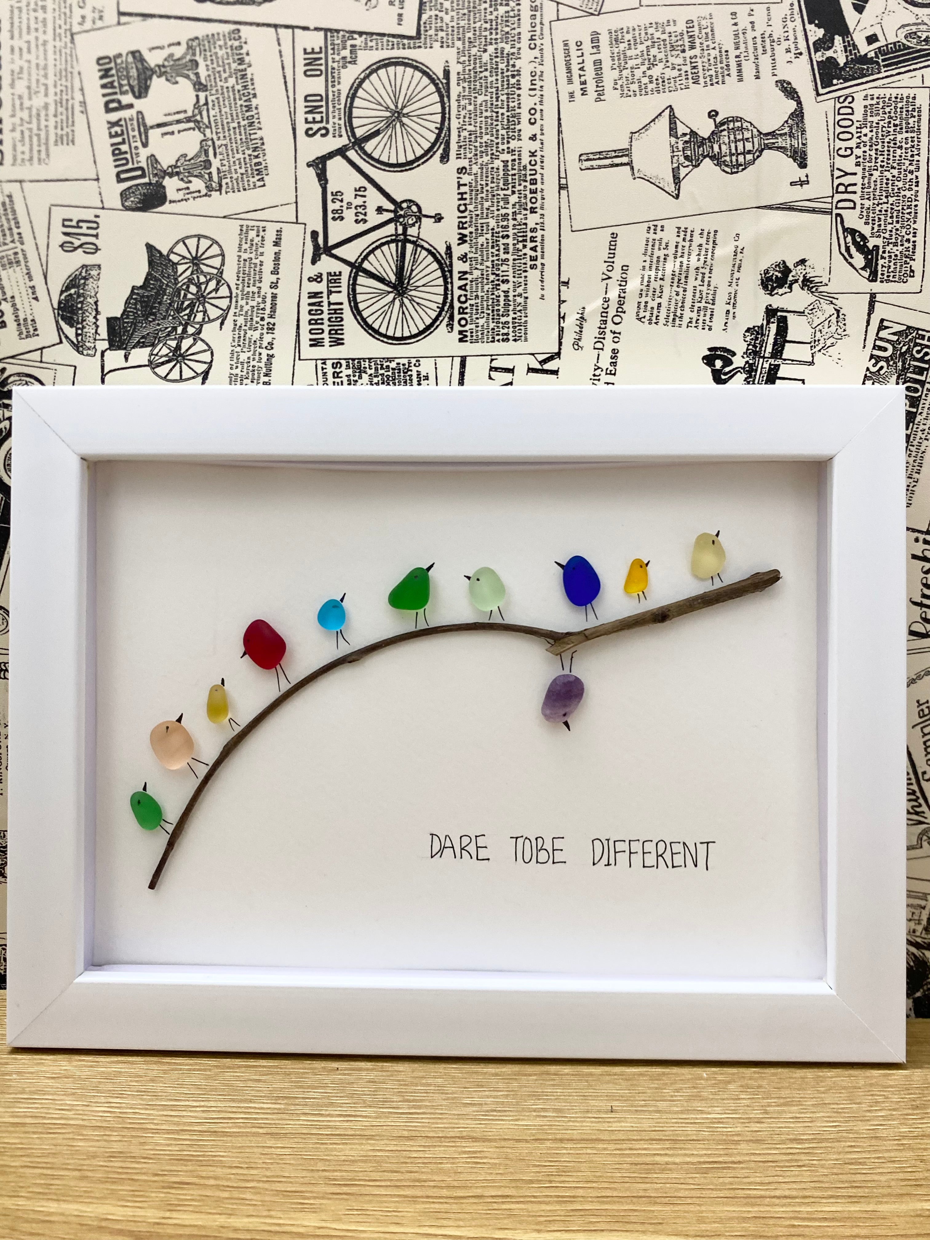 Dear tobe different- Rainbow Bird on a branch sea glass art