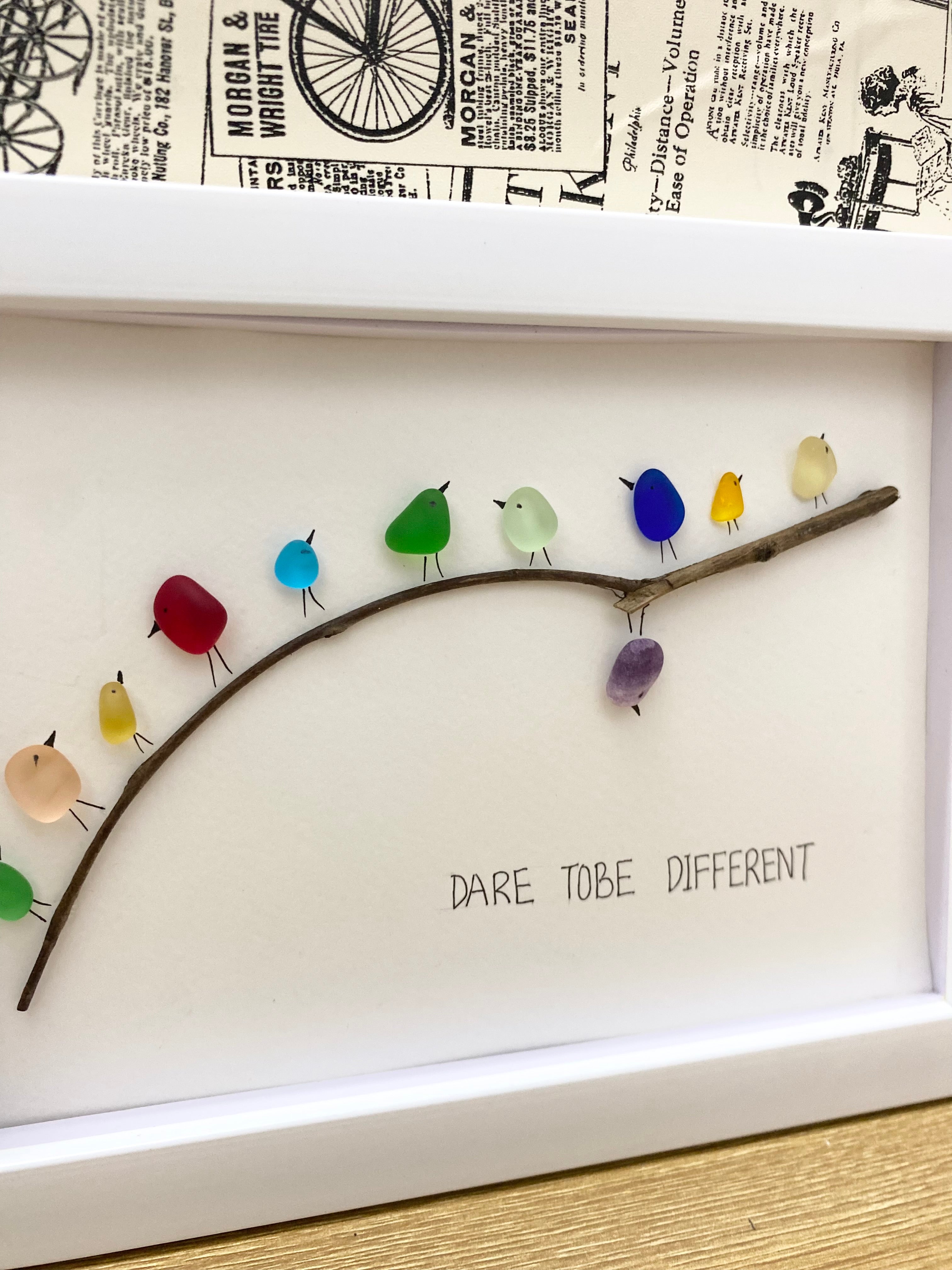 Dear tobe different- Rainbow Bird on a branch sea glass art