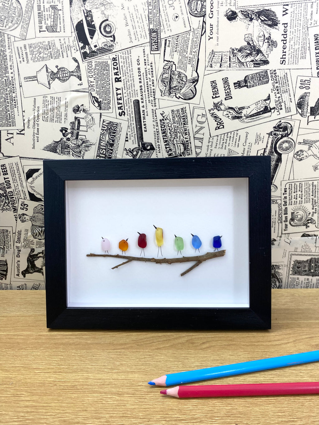 7 Birds on the branch sea glass art