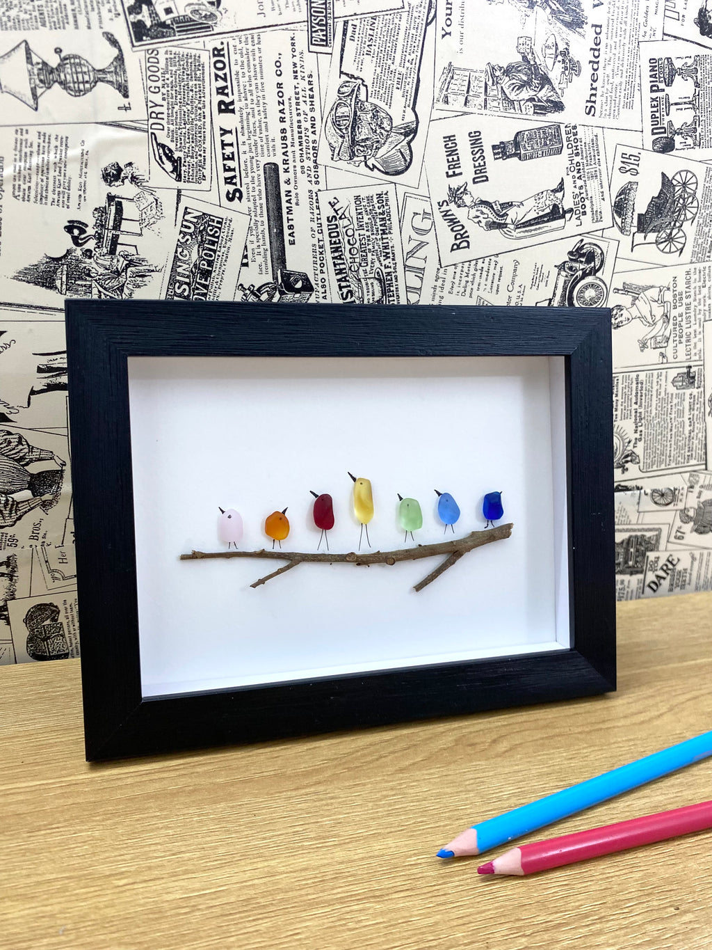 7 Birds on the branch sea glass art