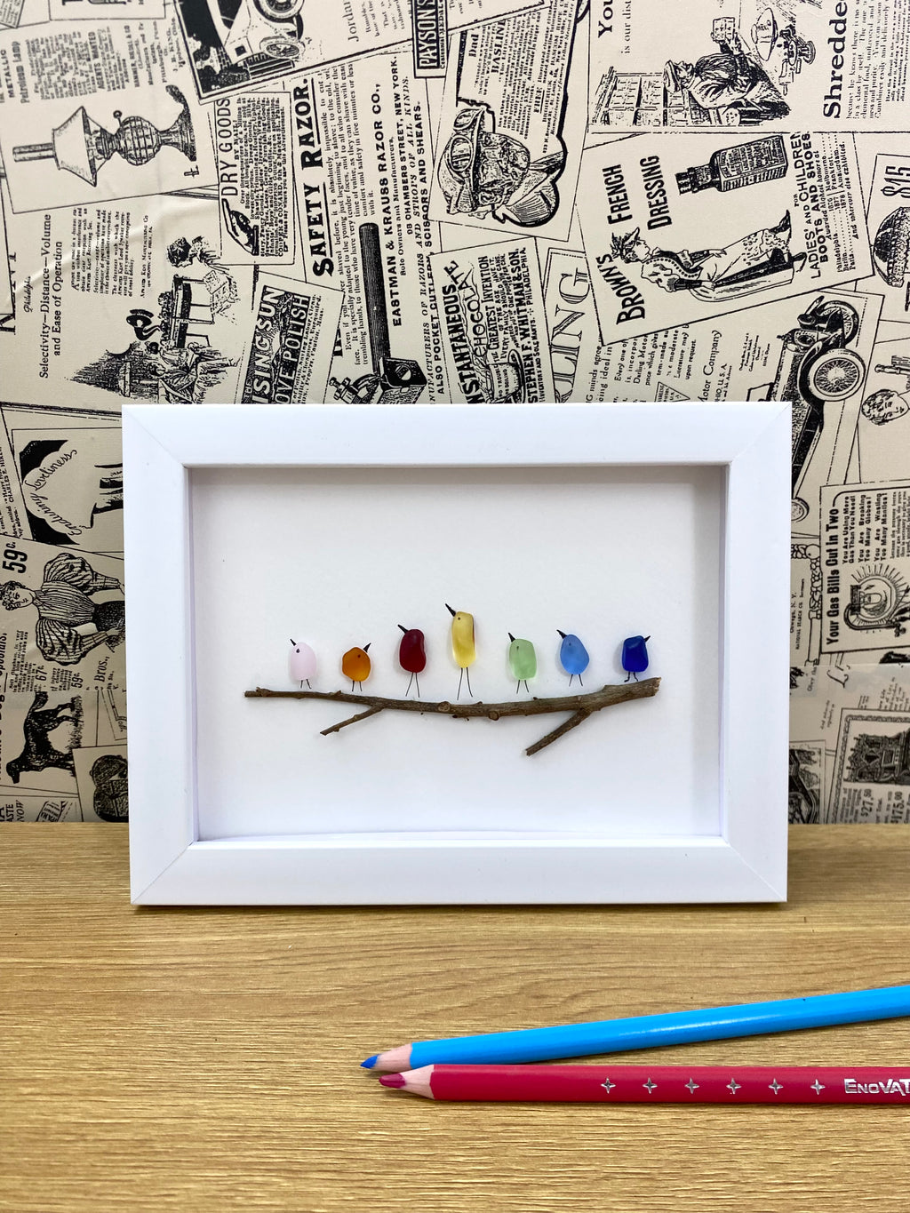 7 Birds on the branch sea glass art