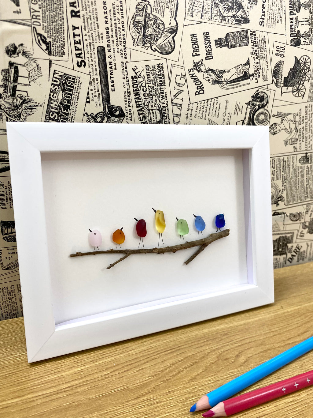 7 Birds on the branch sea glass art