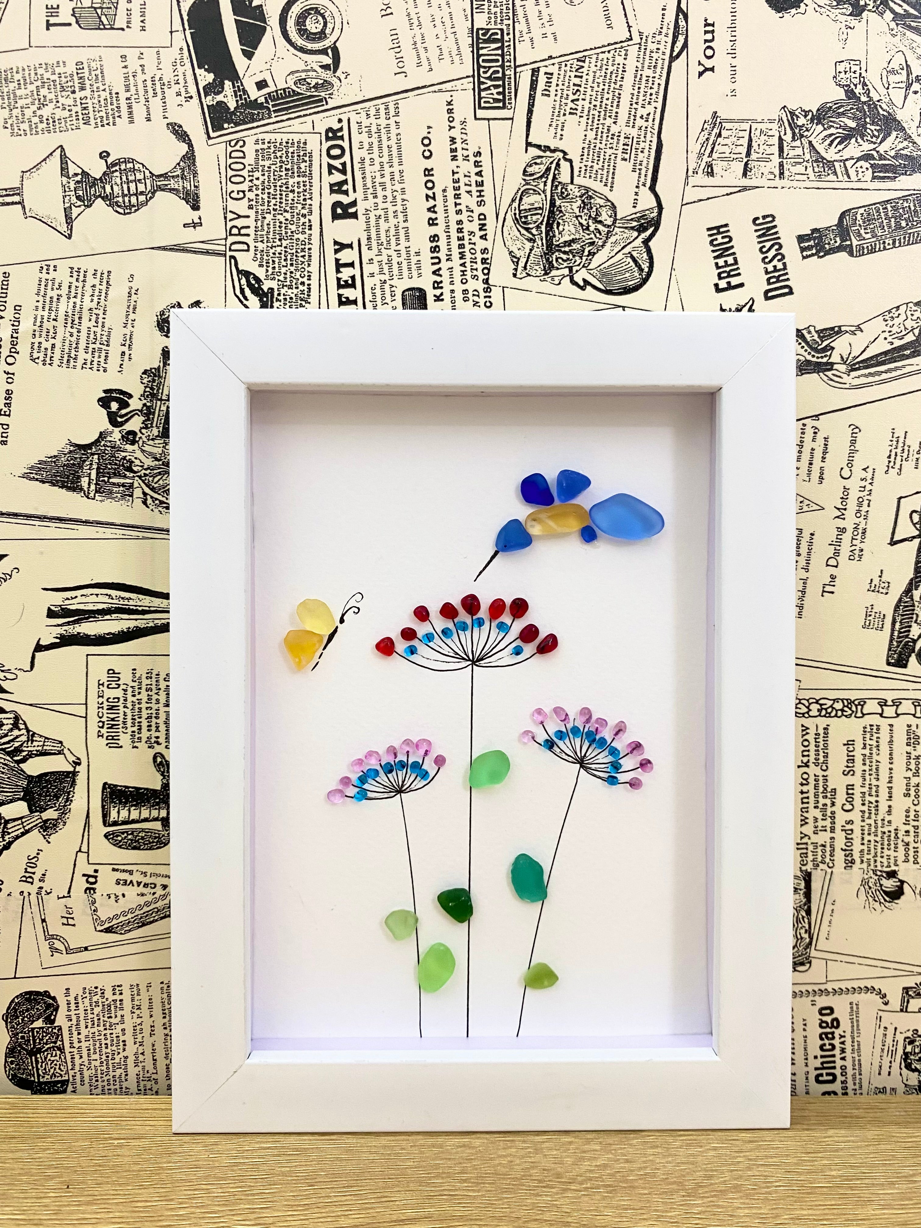 Hummingbird and Flower Sea Glass Art