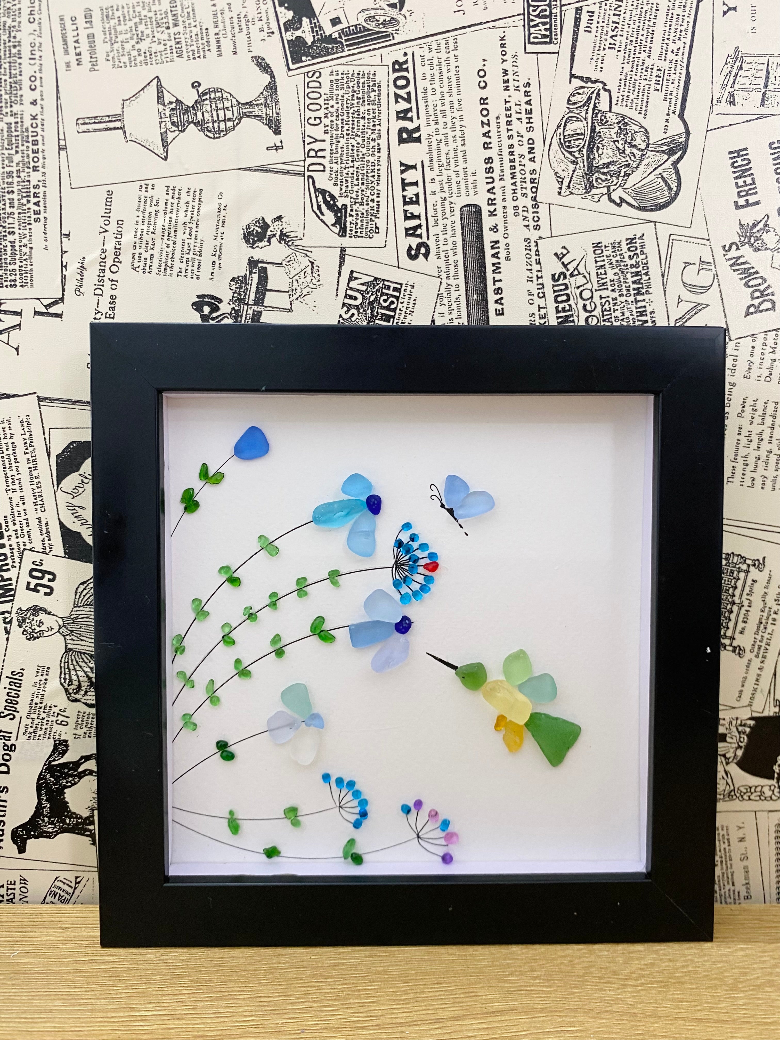 Hummingbird Pebble Art: Sea Glass Coastal Wall Hanging